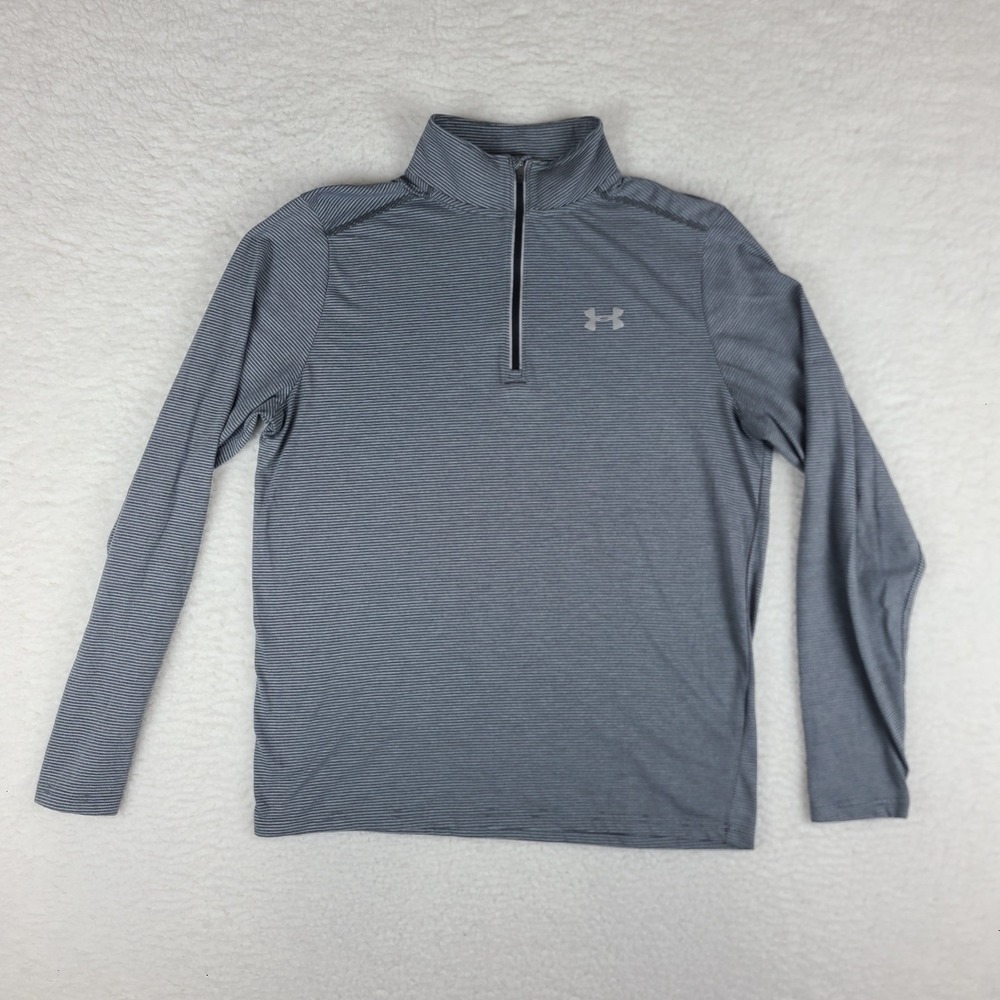 Under Armour‎ Run Sweater Mens Medium Gray Striped Fitted Heatgear Performance